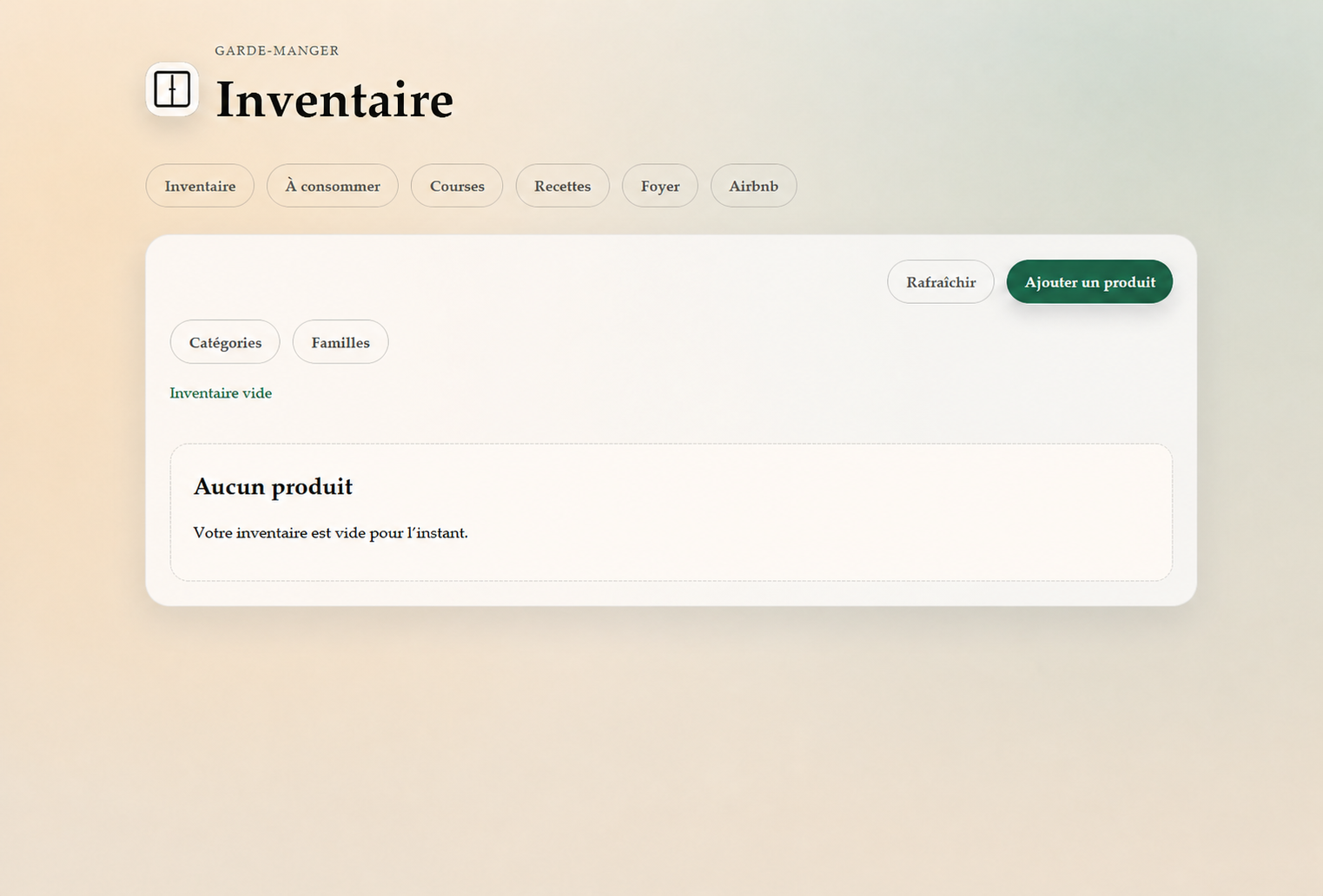 Interface actuelle de Garde-manger, vue inventaire